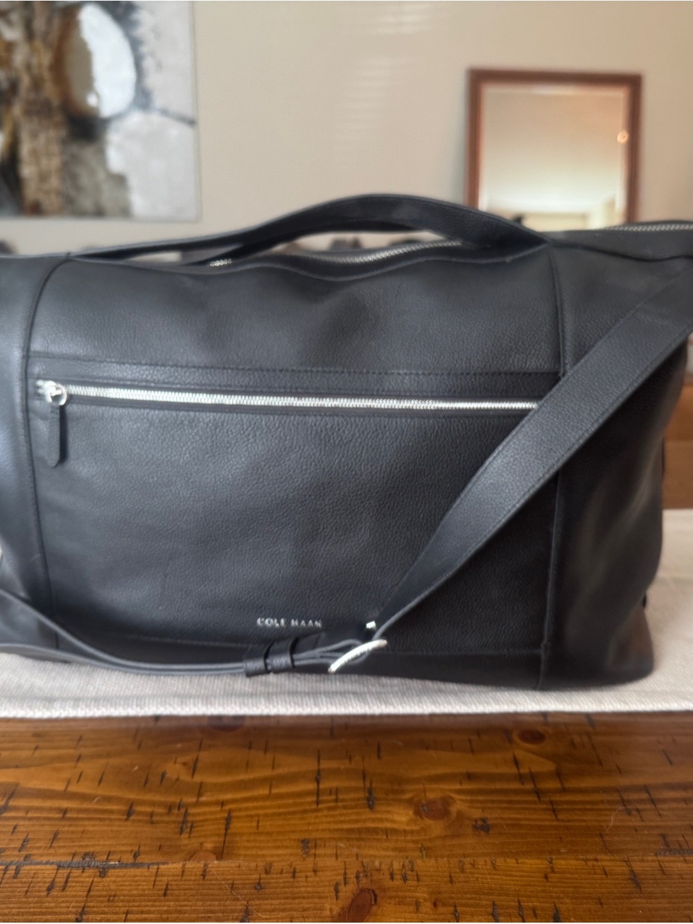 Cole Haan Black Leather Duffel with Silver Zip and Strap Hardware